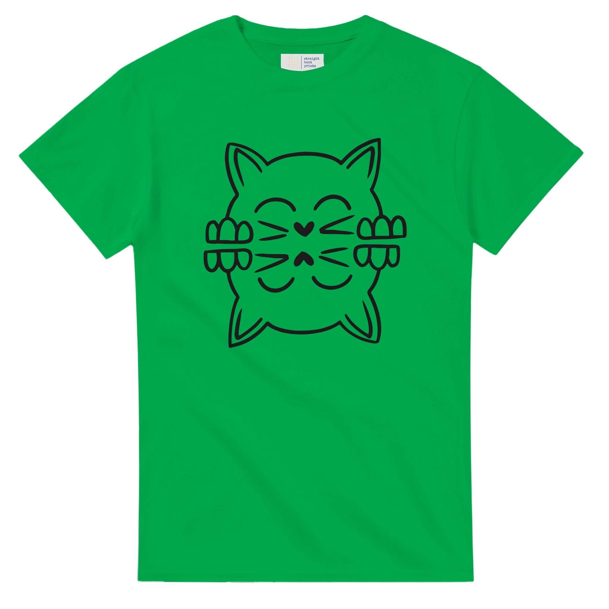 Green t-shirt cat print graphic white background
