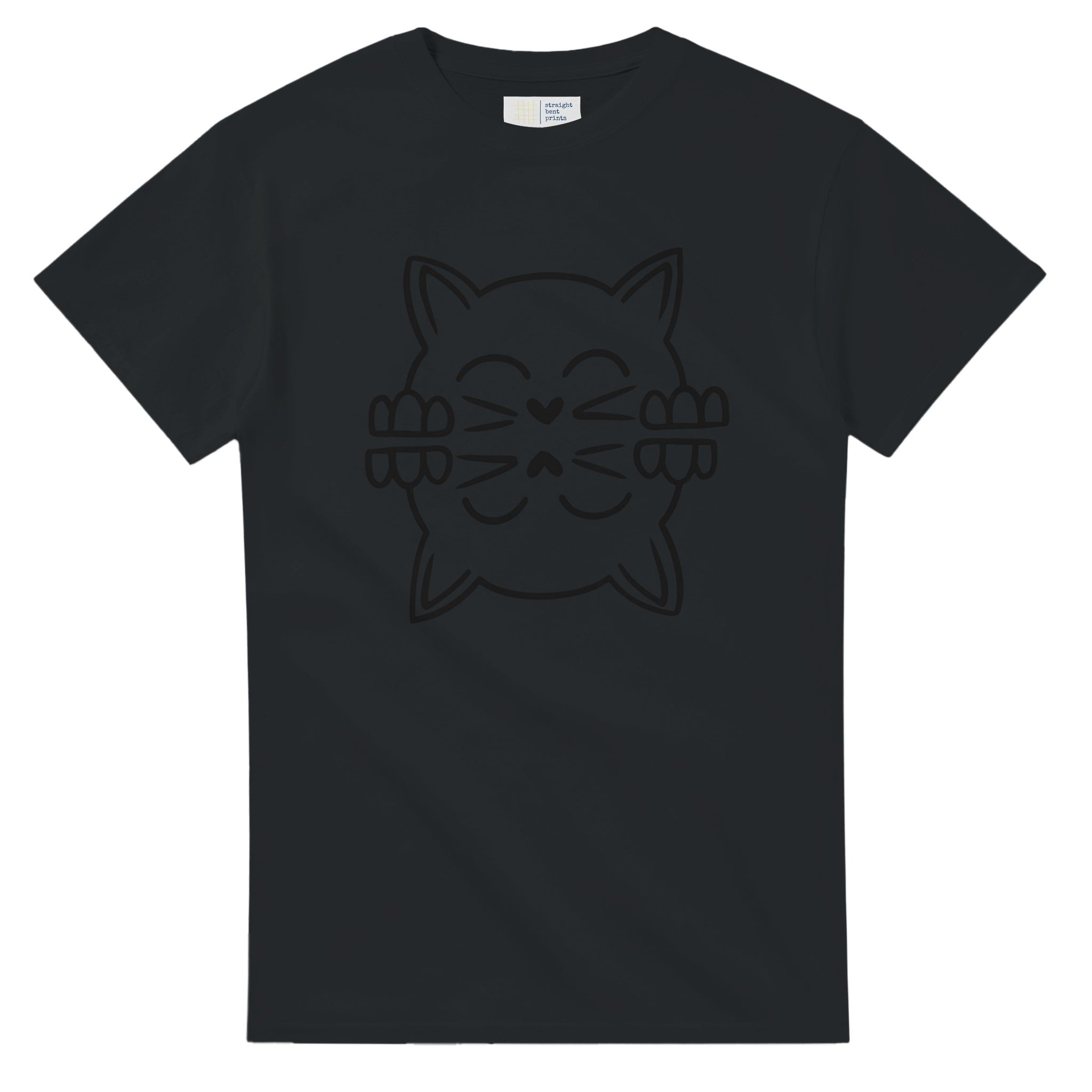 Black t-shirt with a cat graphic on a white background