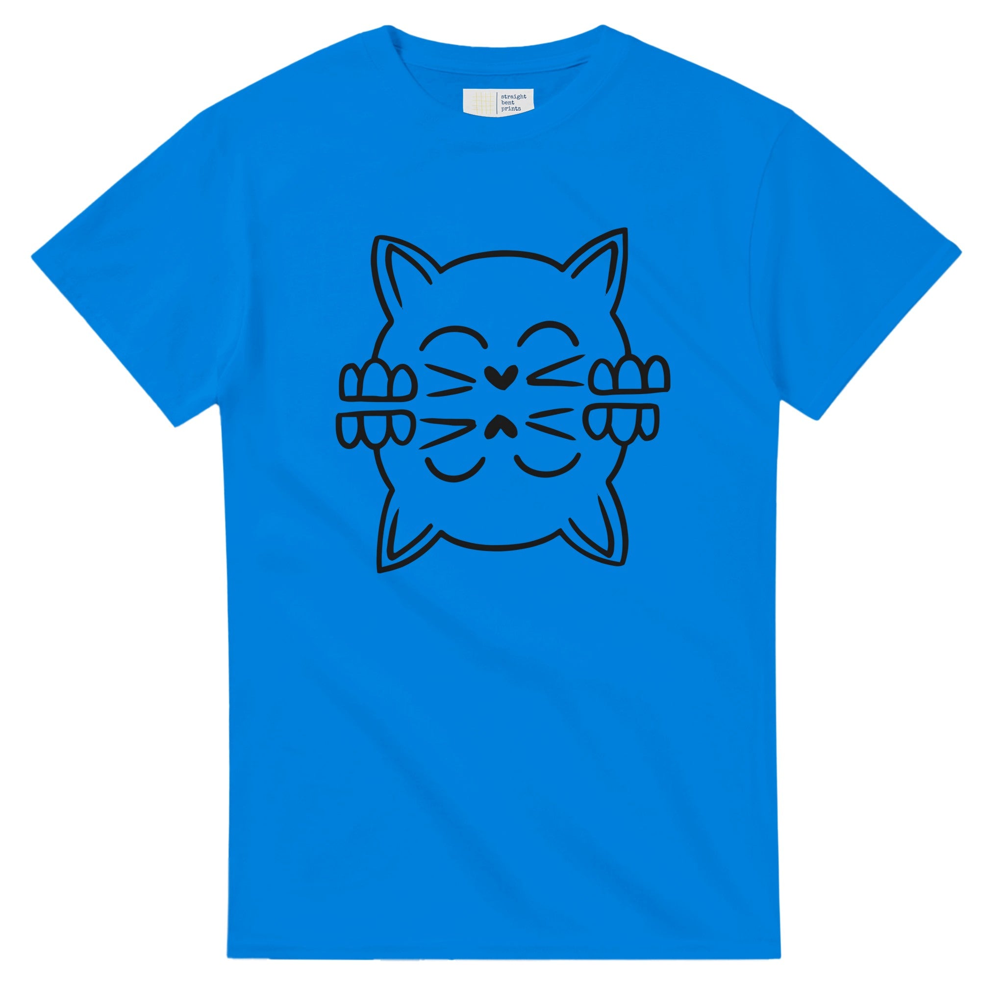 Blue t-shirt with a black cat graphic on a white background