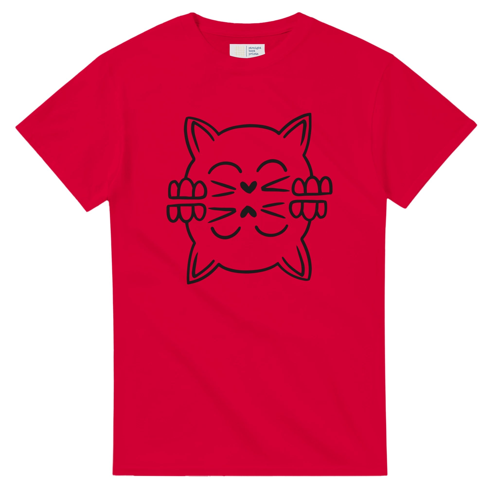 Red t-shirt with a black cat graphic on a white background