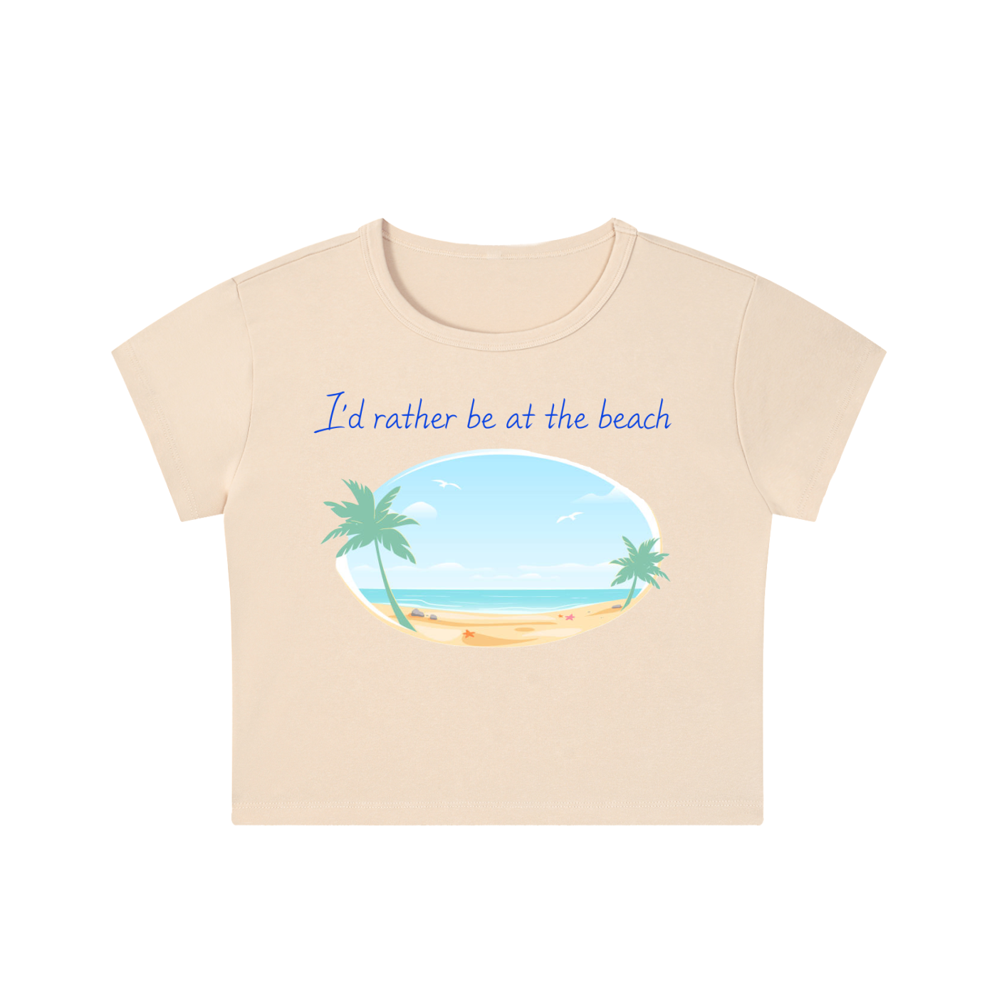Beige t-shirt with beach graphic and text 'I'd rather be at the beach' on a white background