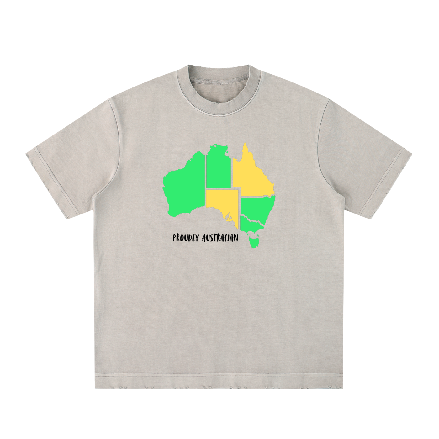 Gray t-shirt with a colorful Australia map graphic and 'Muddy Australian' text on a white background