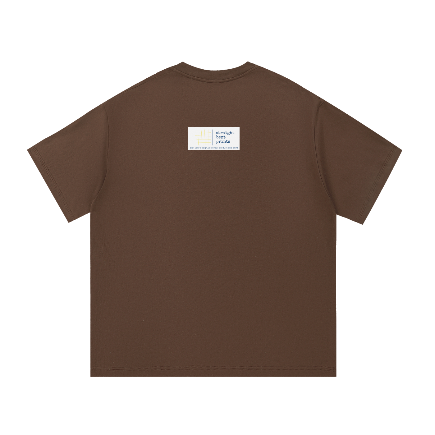 Brown t-shirt with a small white label on the back against a white background