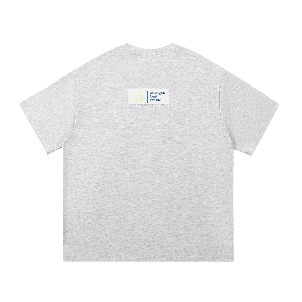 Gray t-shirt with a small label on the back against a white background
