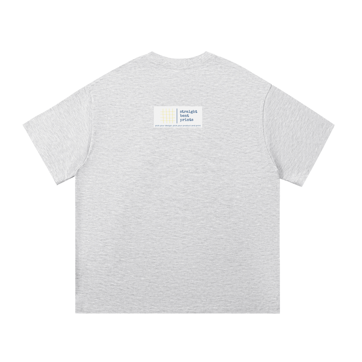 Gray t-shirt with a small label on the back against a white background