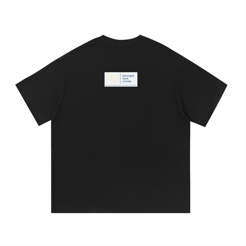 Black t-shirt with a graphic design on the chest against a white background