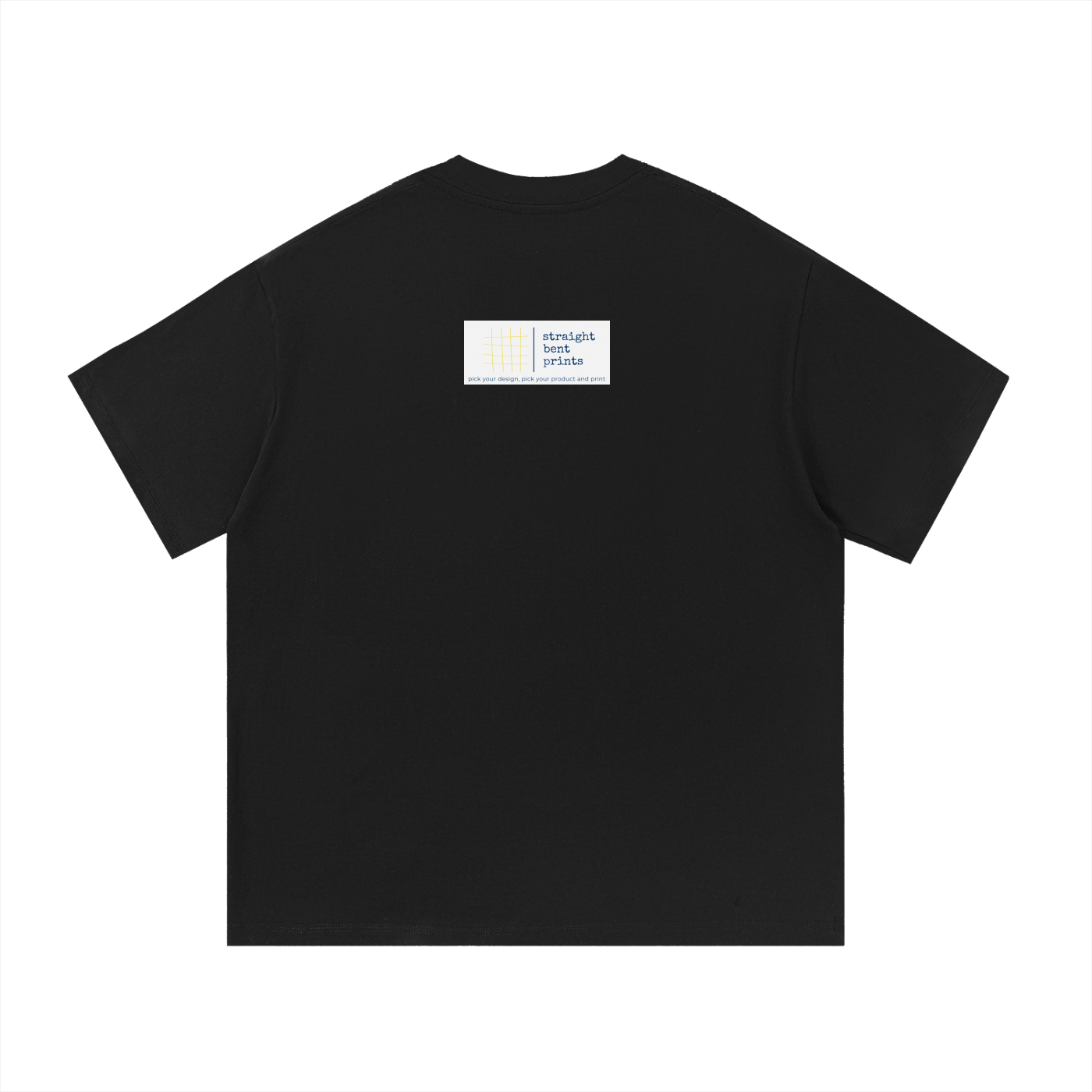 Black t-shirt with a graphic design on the chest against a white background