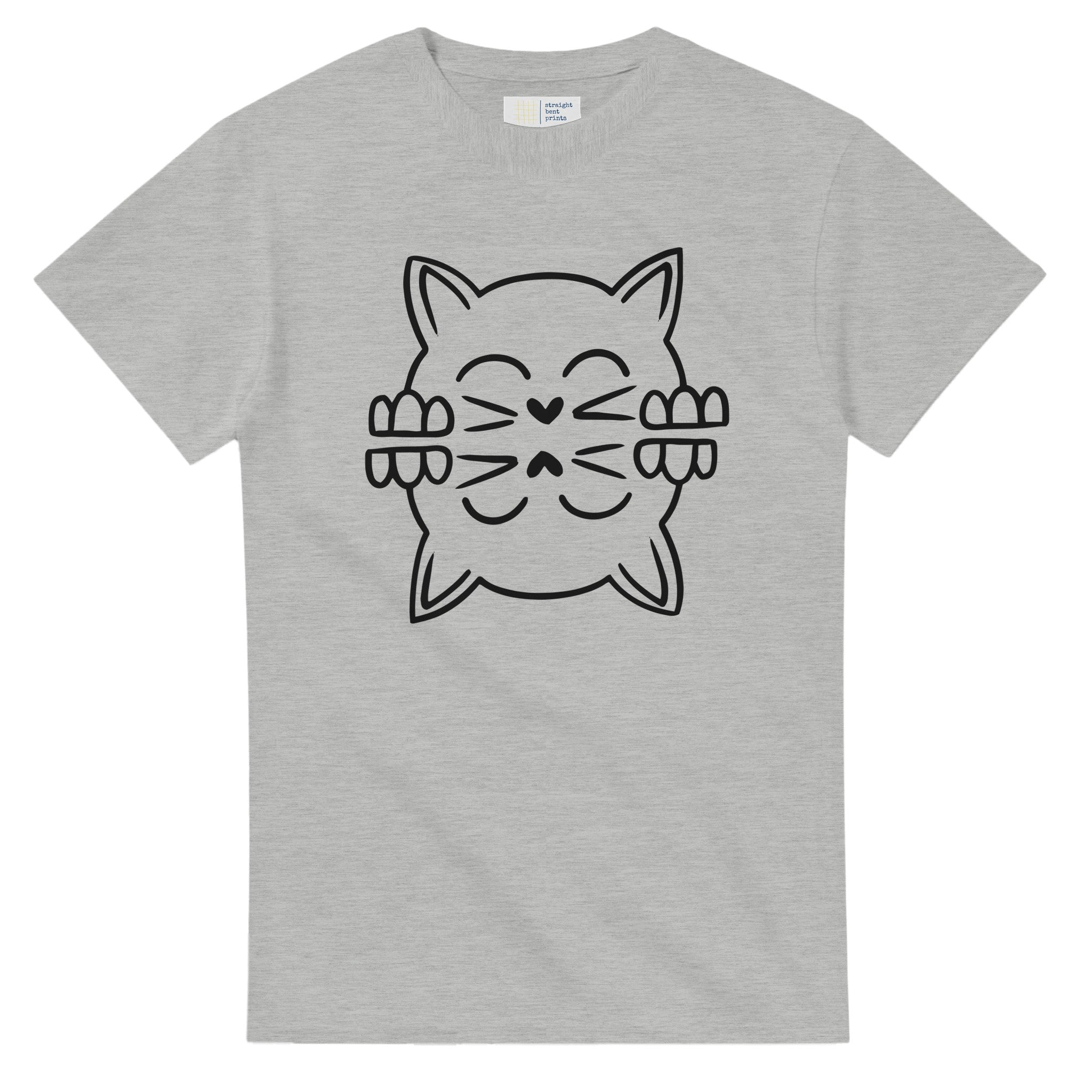 Gray t-shirt with a black cat graphic design on a white background