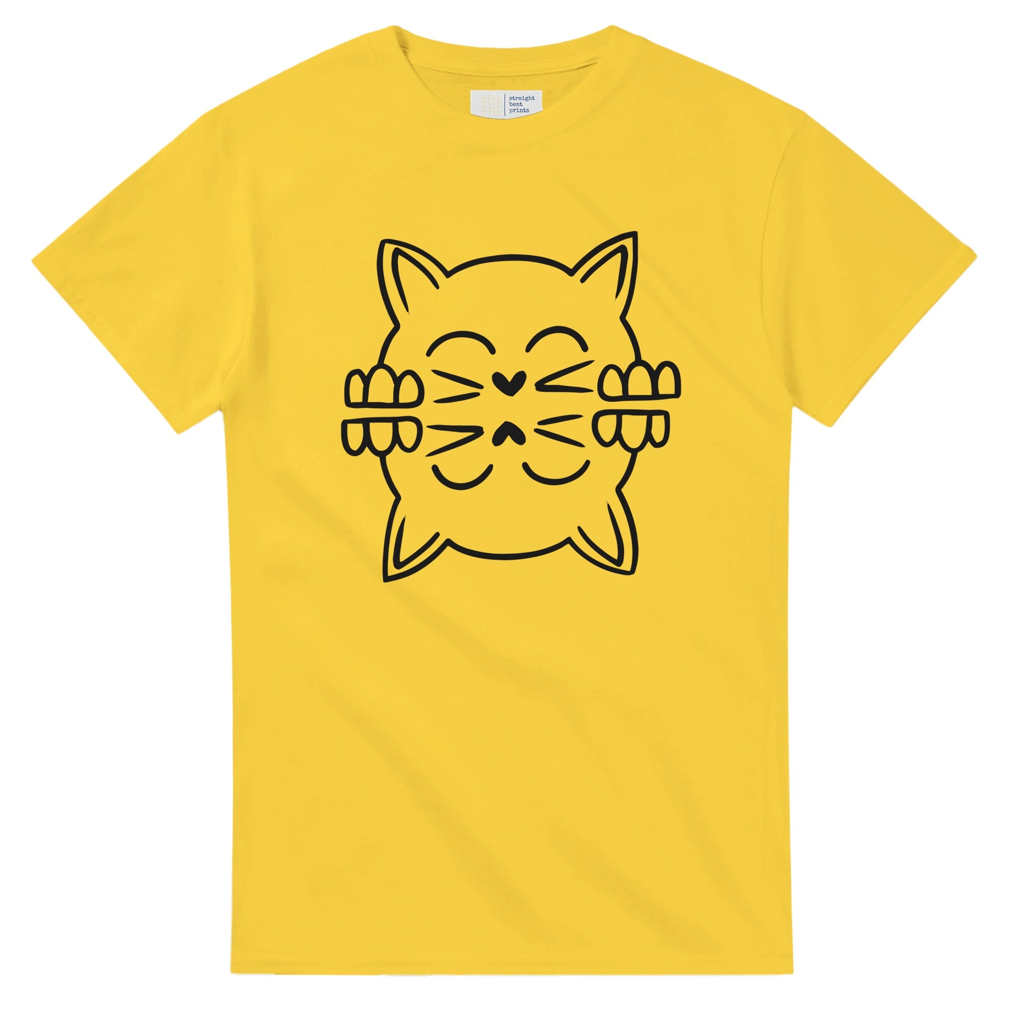 Yellow t-shirt with a black cat graphic on a white background
