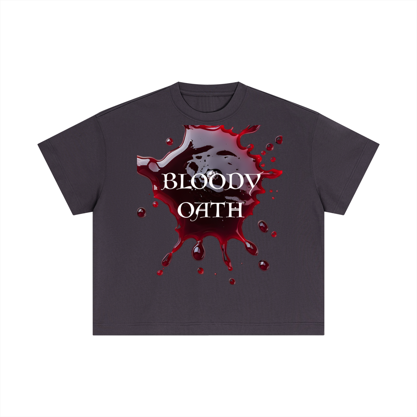 Black t-shirt with 'Bloody Oath' graphic design on a white background