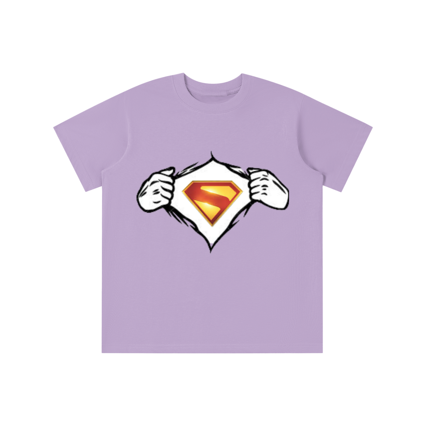 Purple t-shirt with Superman logo cutout design on a white background
