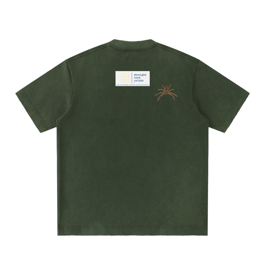 Green t-shirt with a small logo on the back against a white background