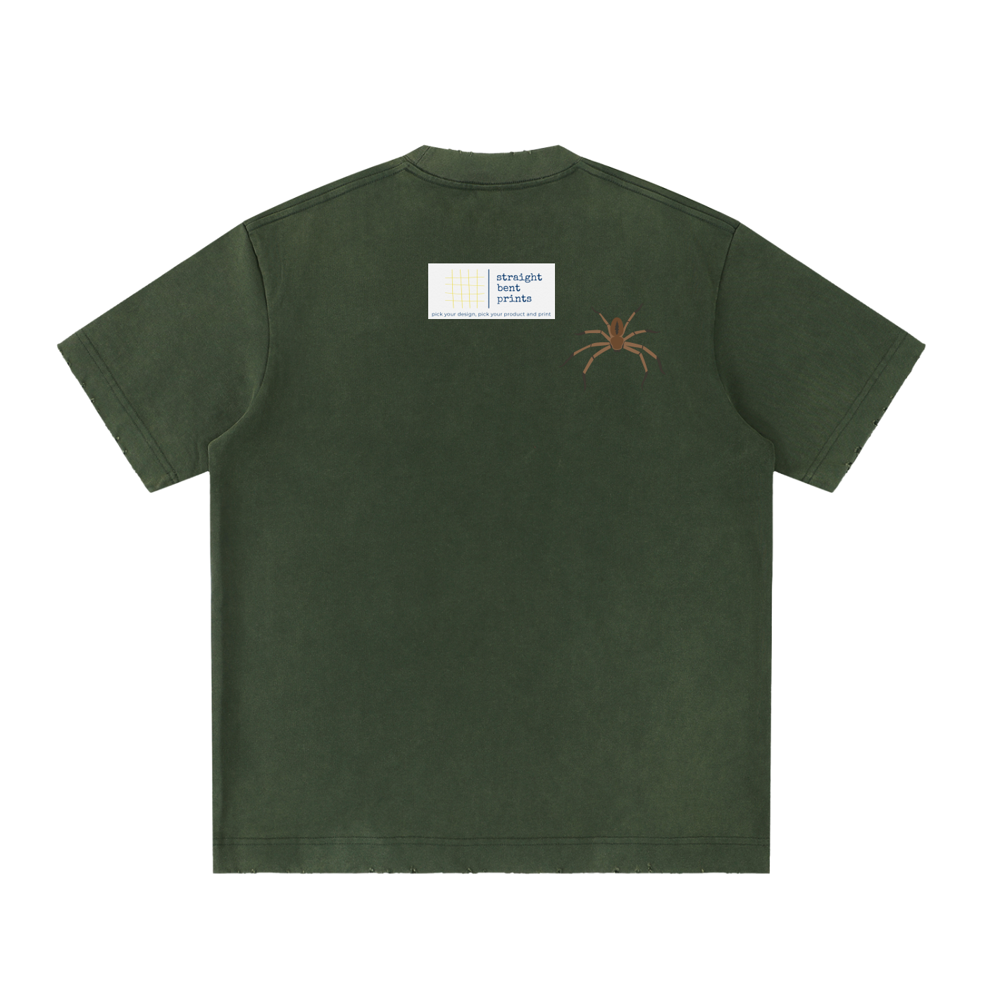 Green t-shirt with a small logo on the back against a white background