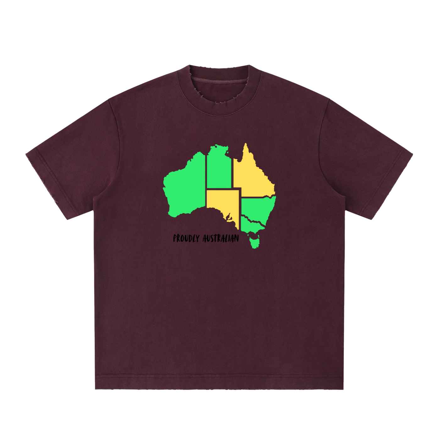 Maroon t-shirt with a map of Australia design on a white background