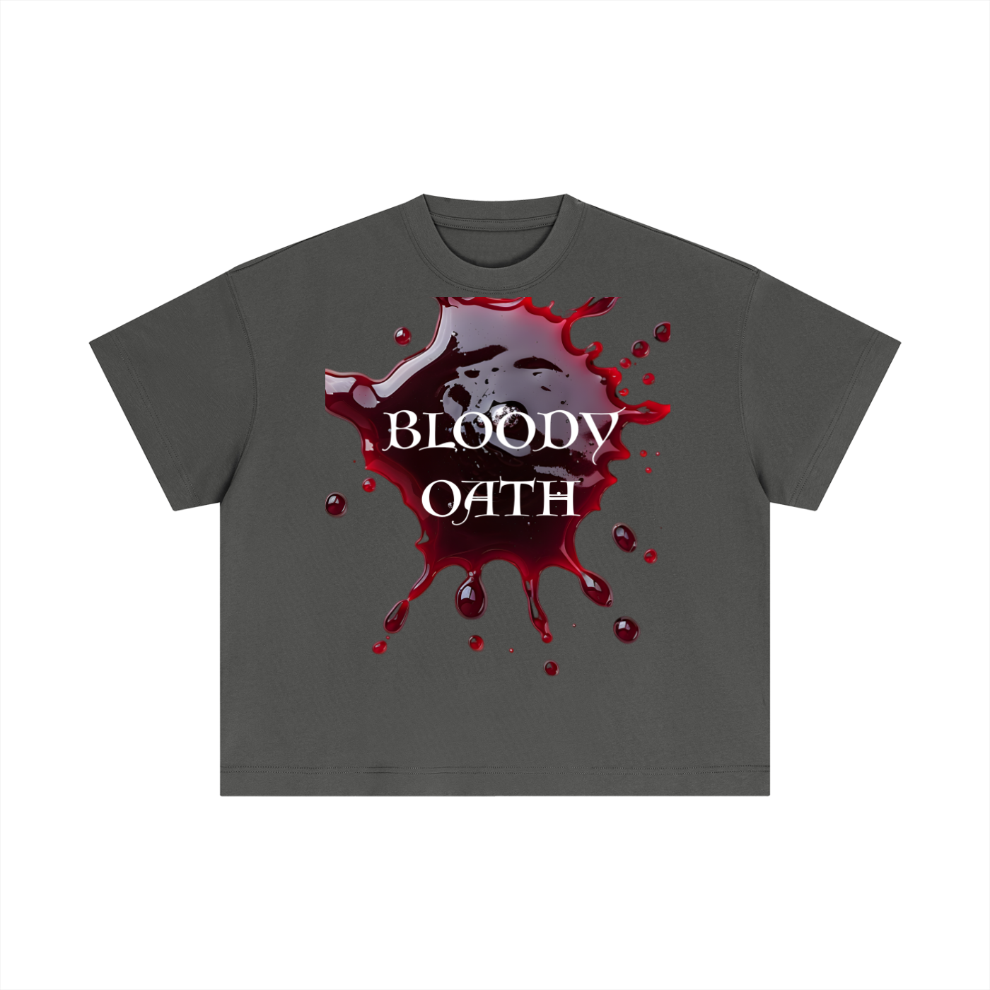 Gray t-shirt with 'Bloody Oath' graphic design on a white background
