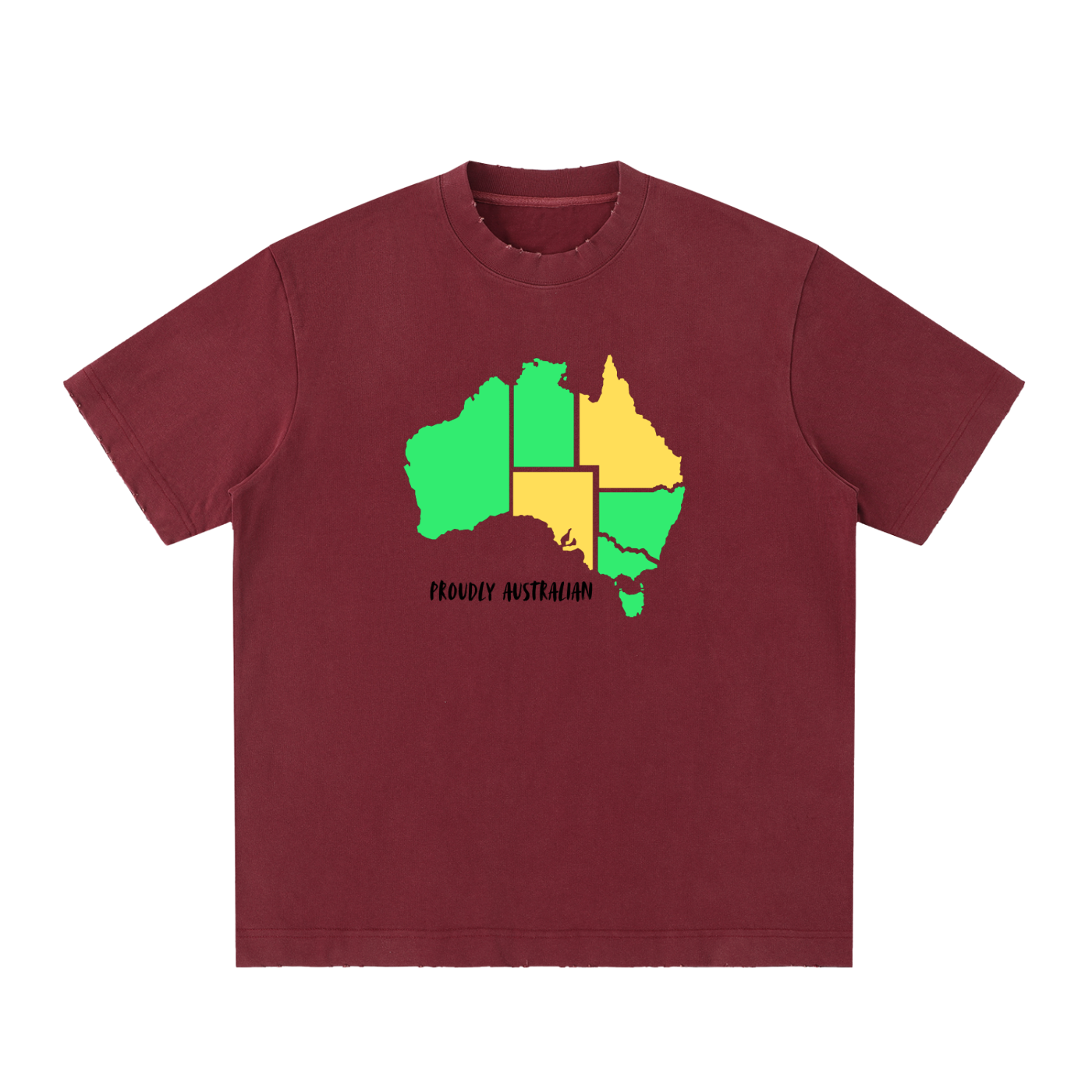 Maroon t-shirt with a colorful Australia map graphic on a white background