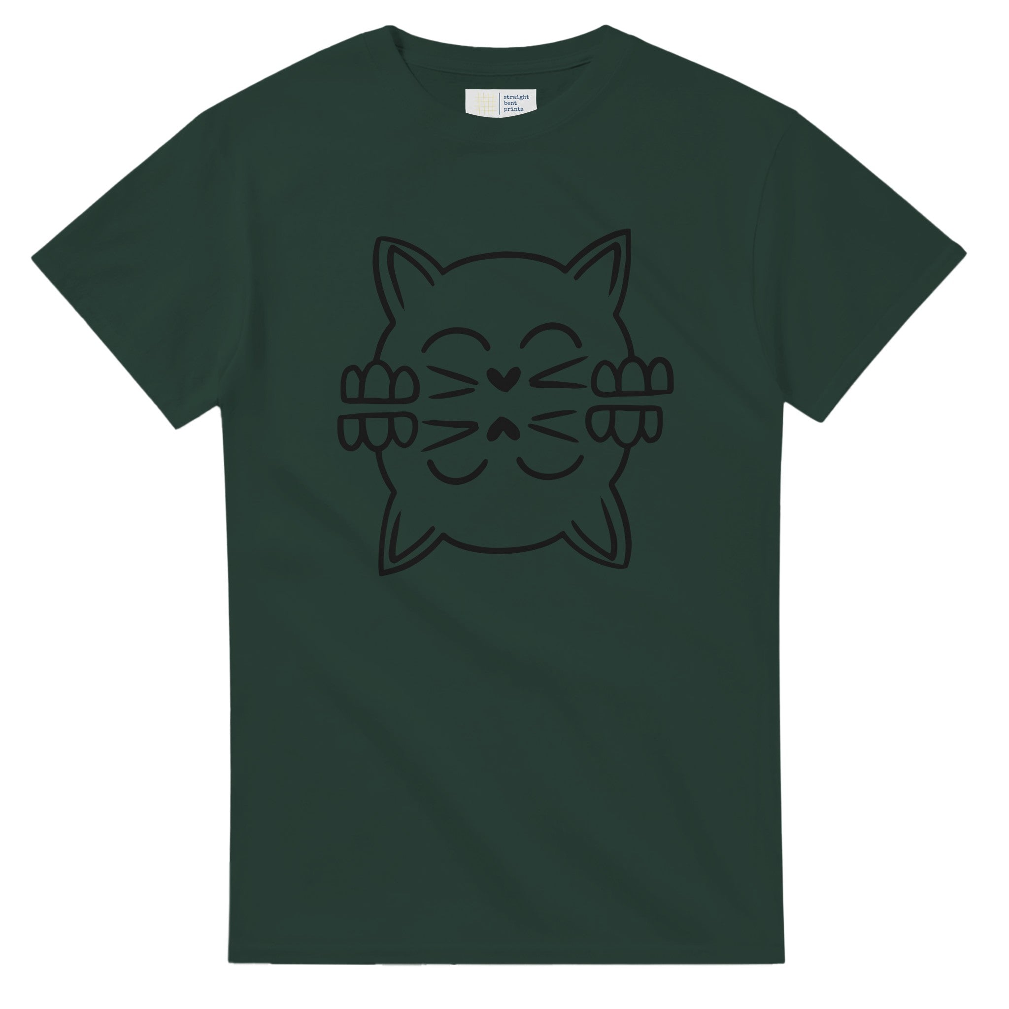 Dark green t-shirt with a black cat graphic on a white background