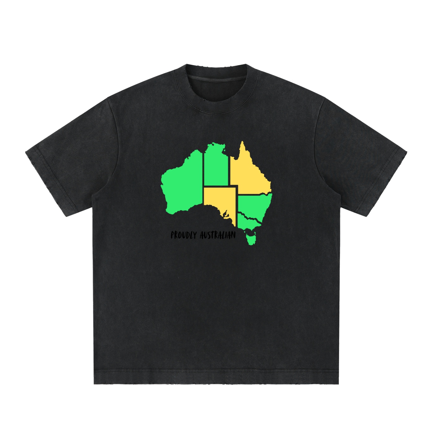 Black t-shirt with a colorful Australia map graphic on a white background