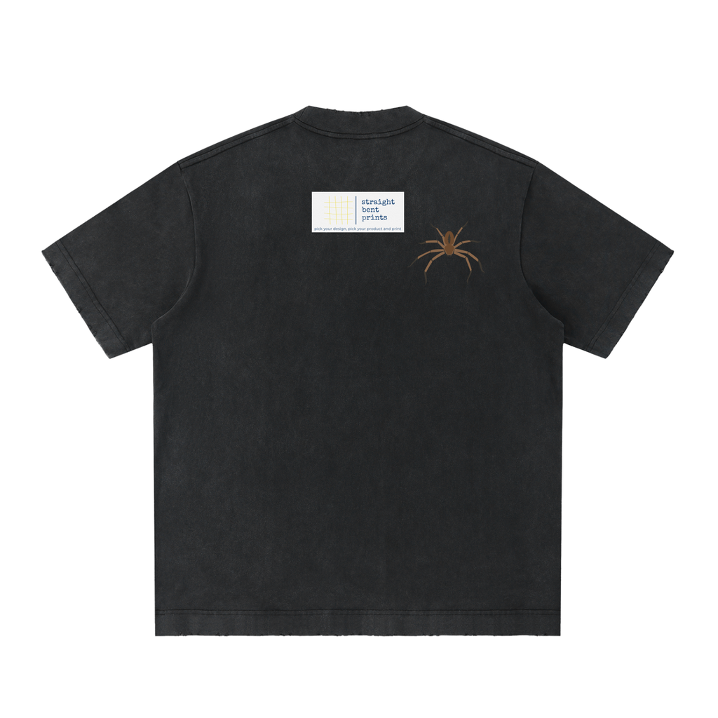 Black t-shirt with a spider graphic and label on the back against a white background
