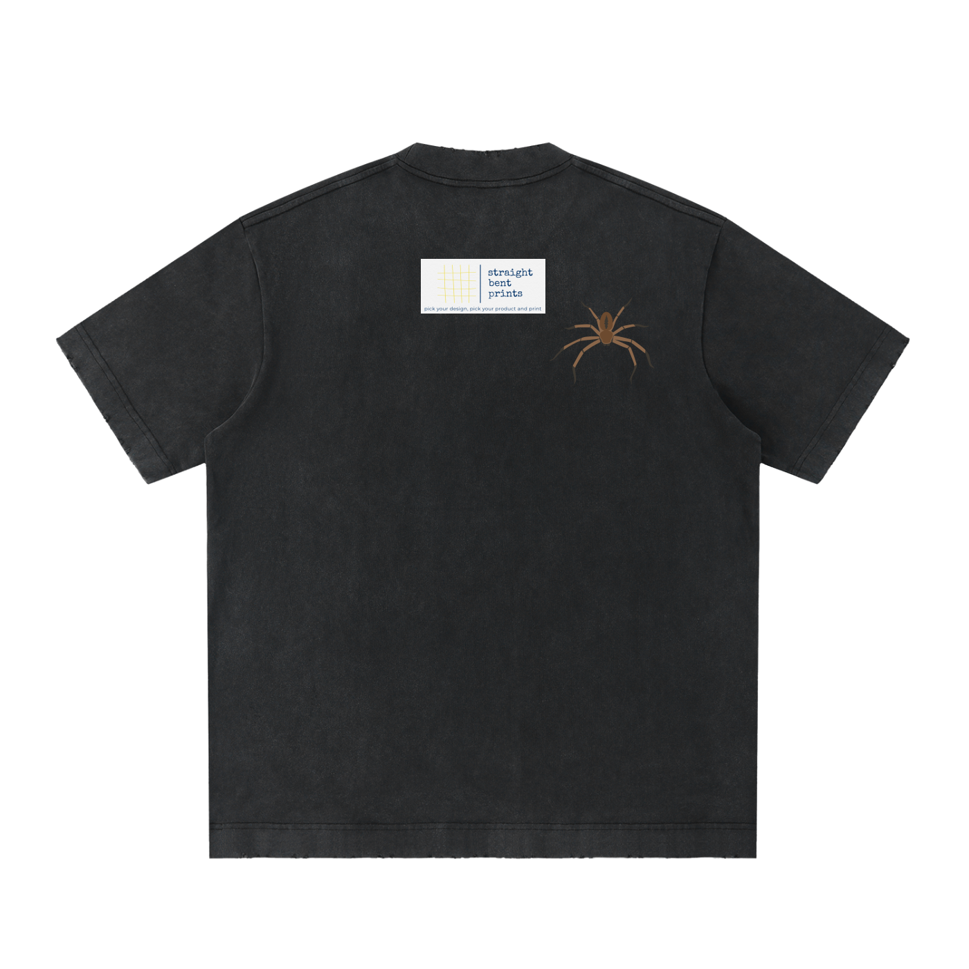 Black t-shirt with a spider graphic and label on the back against a white background