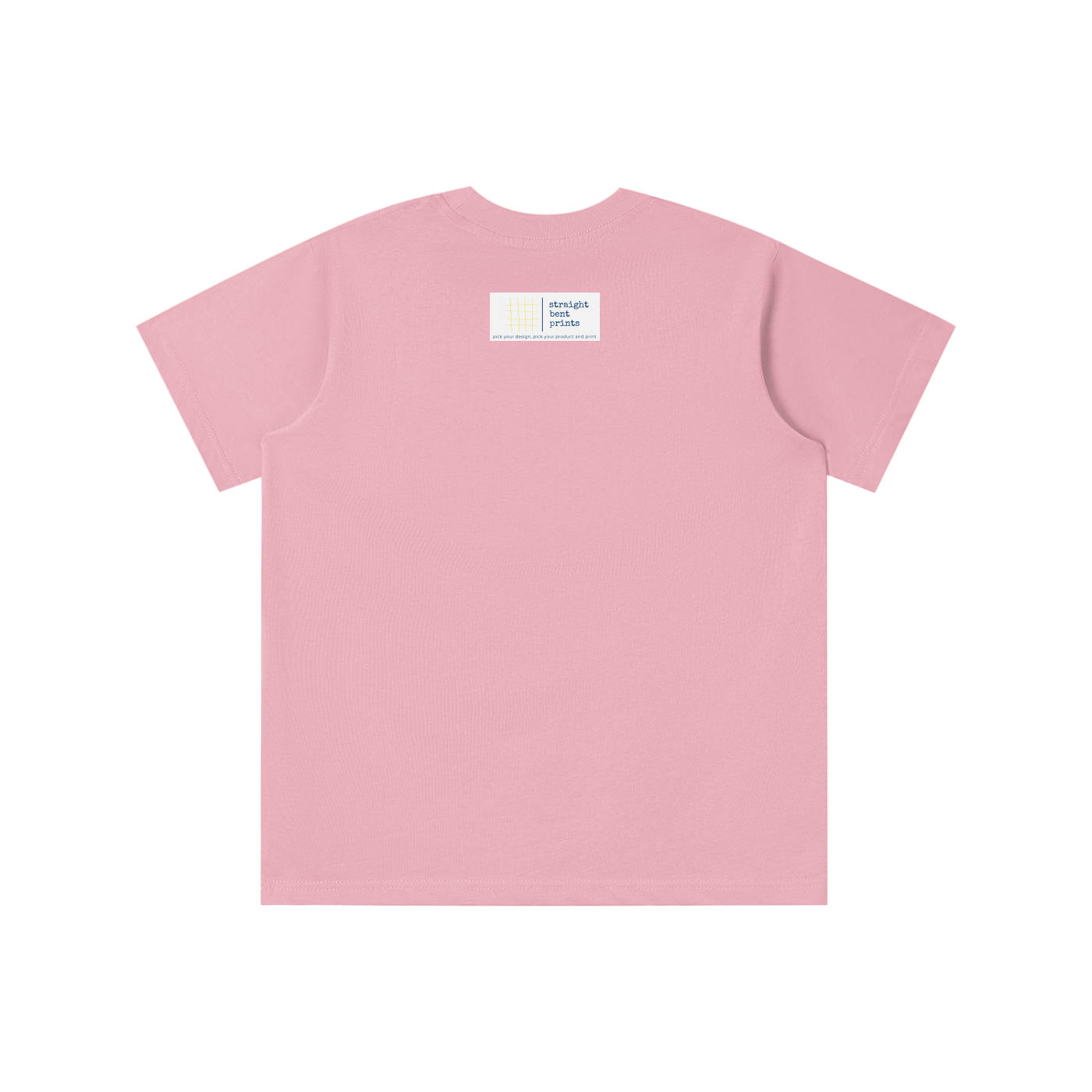 Pink t-shirt with a small label on the chest against a white background