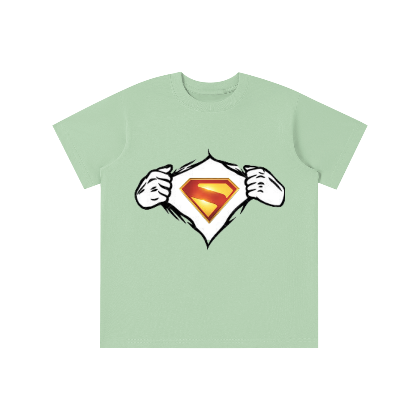 Light green t-shirt with Superman logo design on a white background