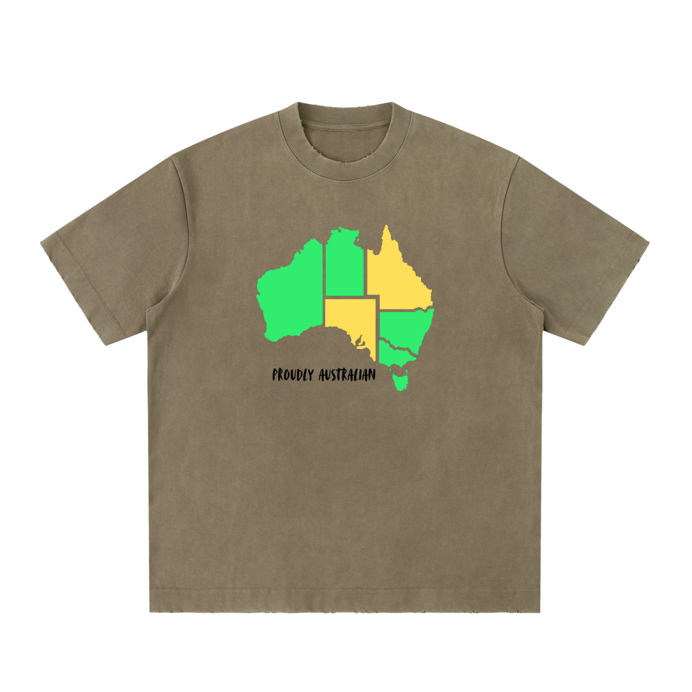 Brown t-shirt with a colorful Australia map graphic on a white background