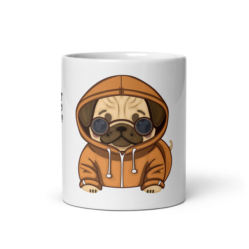 White mug with a pug in a brown hoodie design on a white background