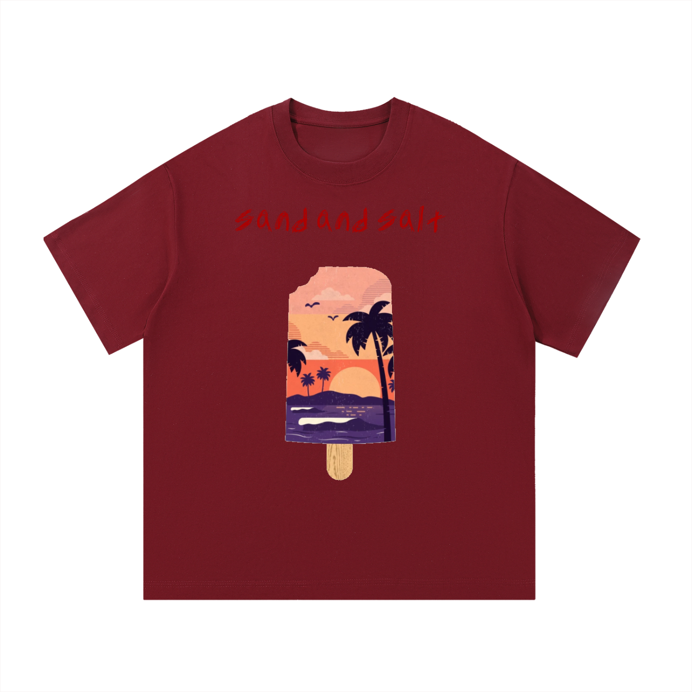 Maroon t-shirt with a tropical-themed popsicle graphic and text on a white background