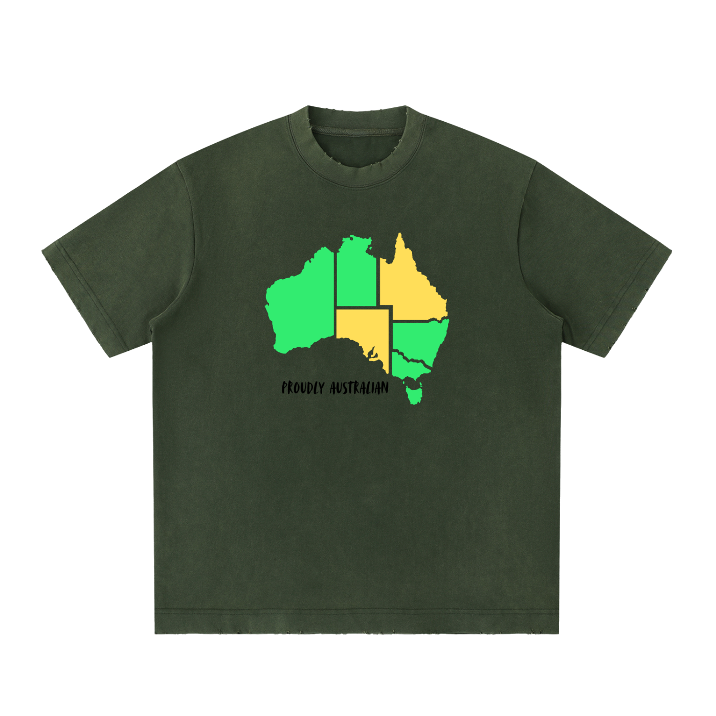 Green t-shirt with a colorful Australia map design on a white background