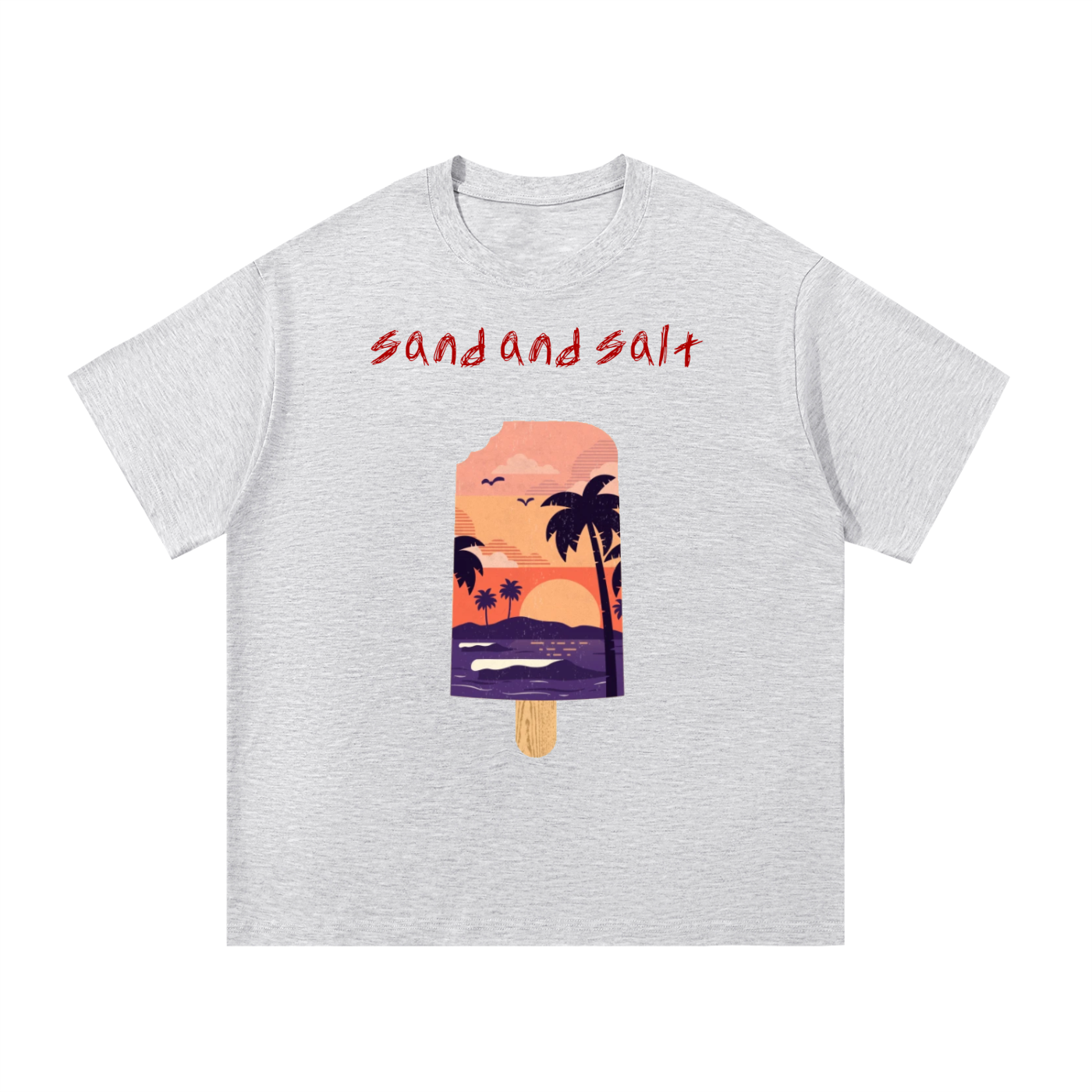 Gray t-shirt with a tropical-themed graphic and 'sand and salt' text on a white background