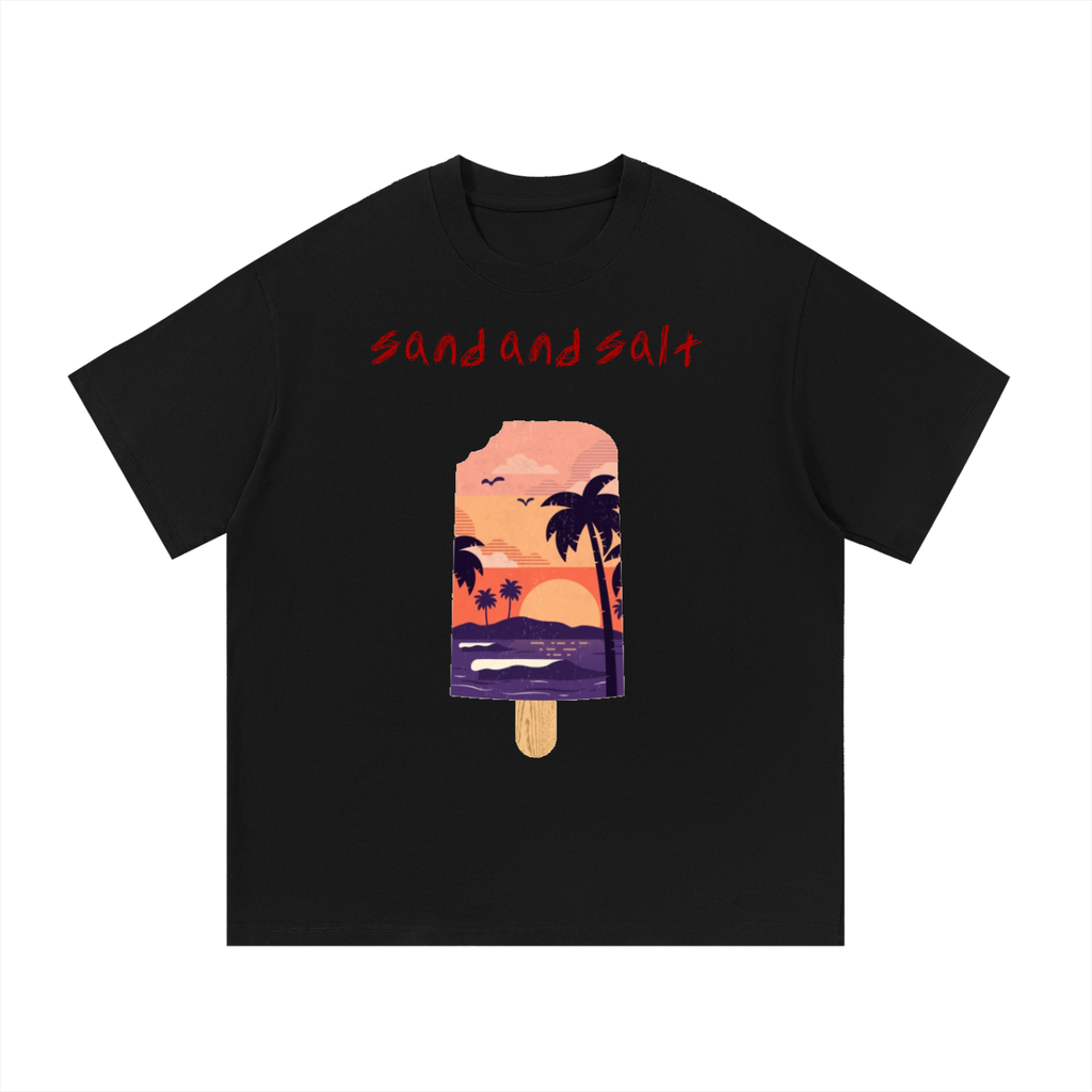 Navy blue t-shirt with a tropical-themed popsicle graphic and 'Sand and Salt' text on a white background.