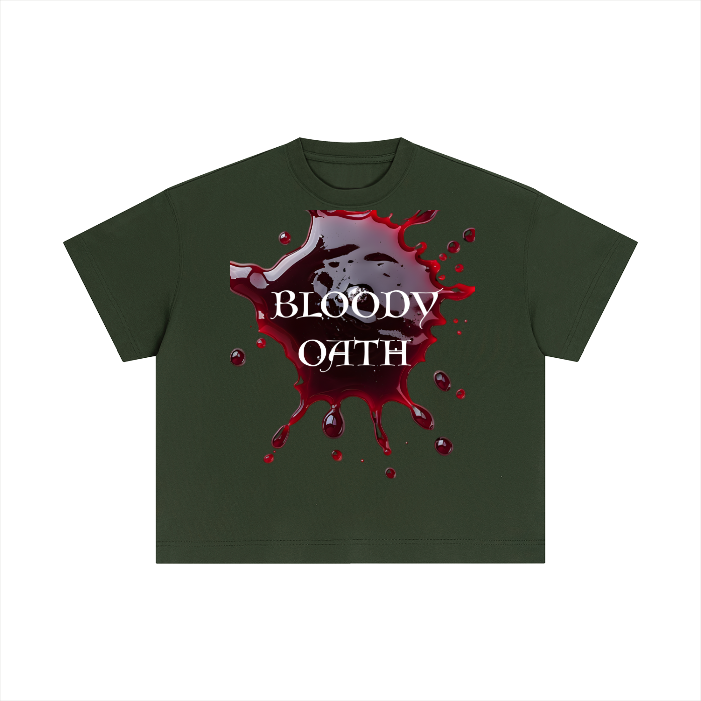 Green t-shirt with 'Bloody Oath' graphic design on a white background