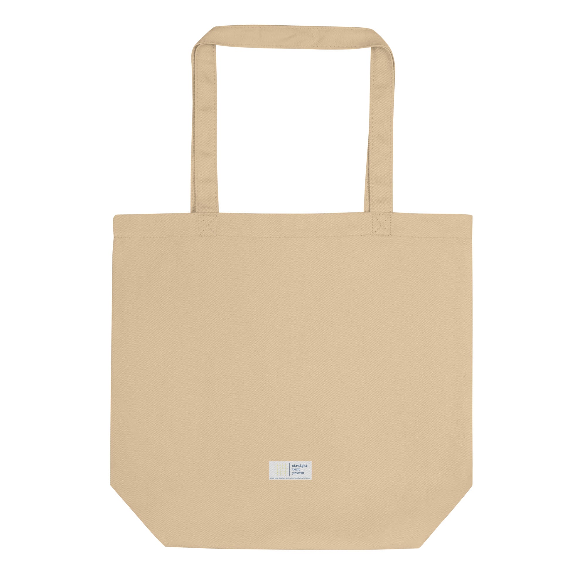 Beige tote bag with a small label on a white background