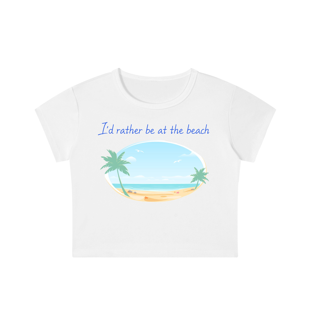 White t-shirt with beach graphic and 'I'd rather be at the beach' text on a white background