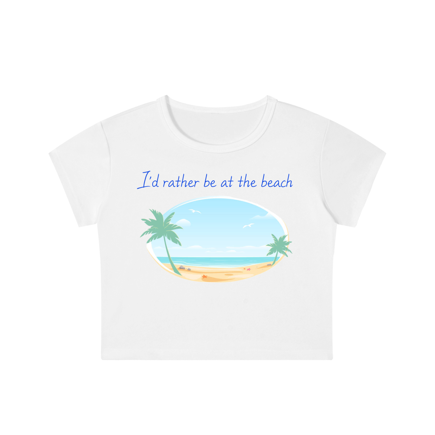 White t-shirt with beach graphic and 'I'd rather be at the beach' text on a white background