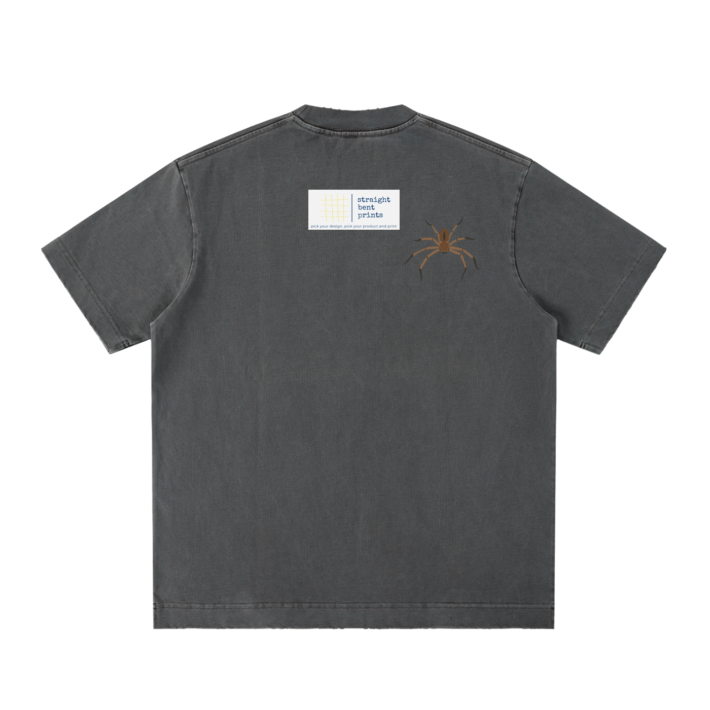 Gray t-shirt with a spider graphic on the back against a white background