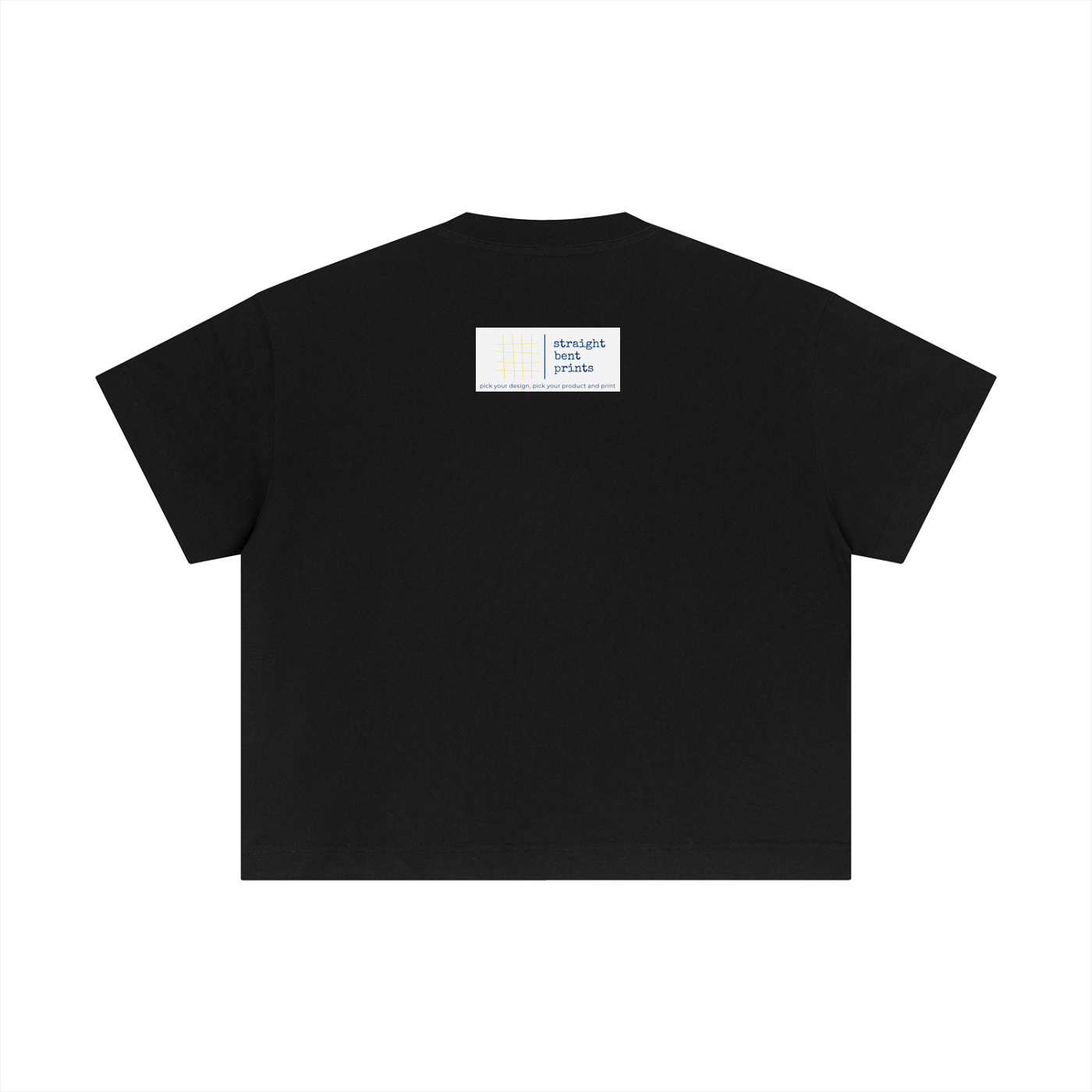 Black t-shirt with a small white label on the chest against a white background