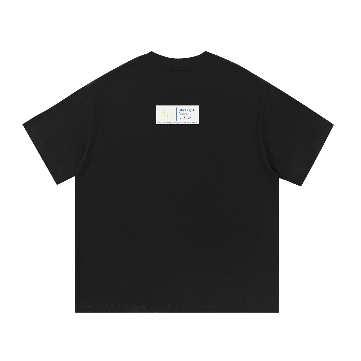 Black t-shirt with a small white label on the chest against a white background