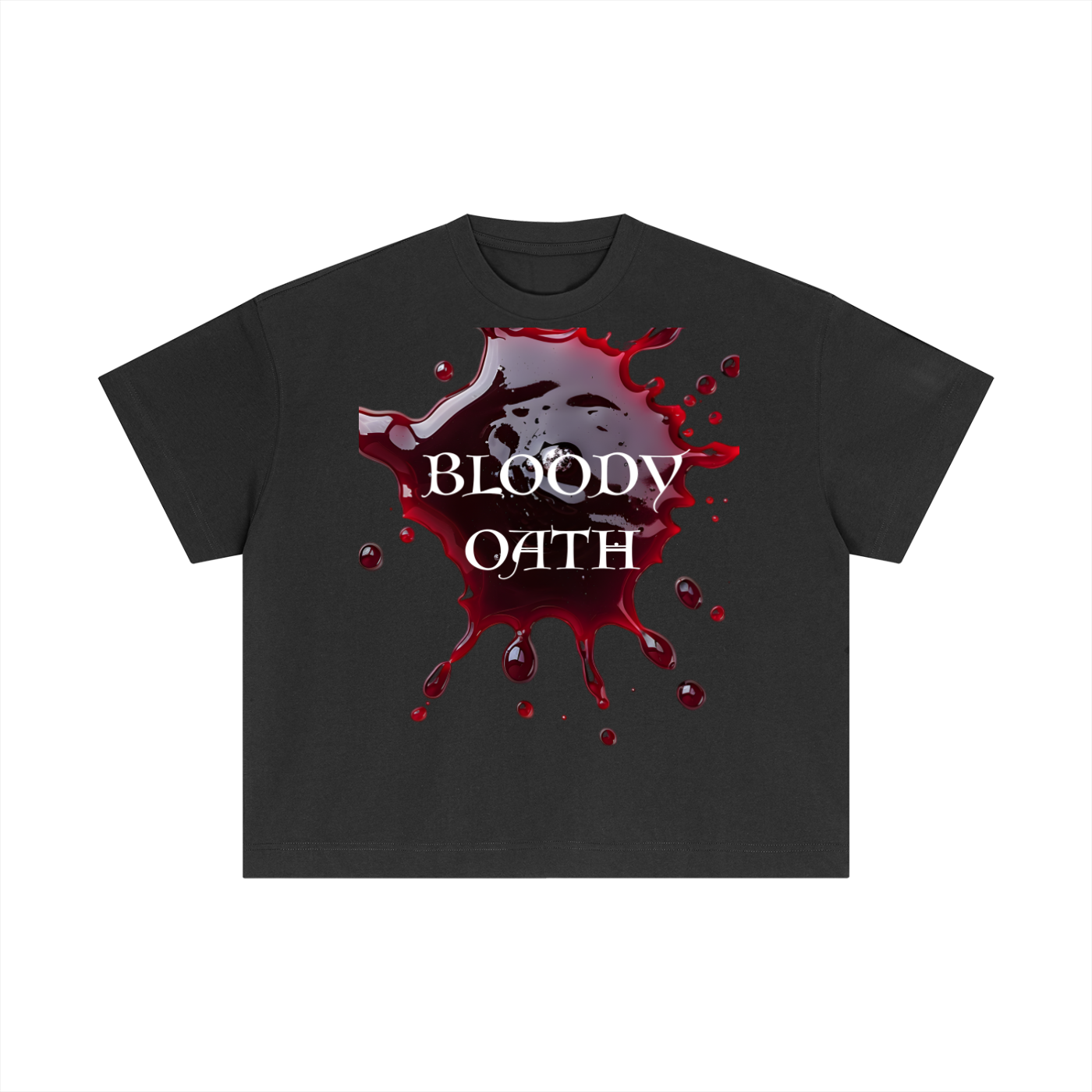Black t-shirt with 'Bloody Oath' graphic design on a white background