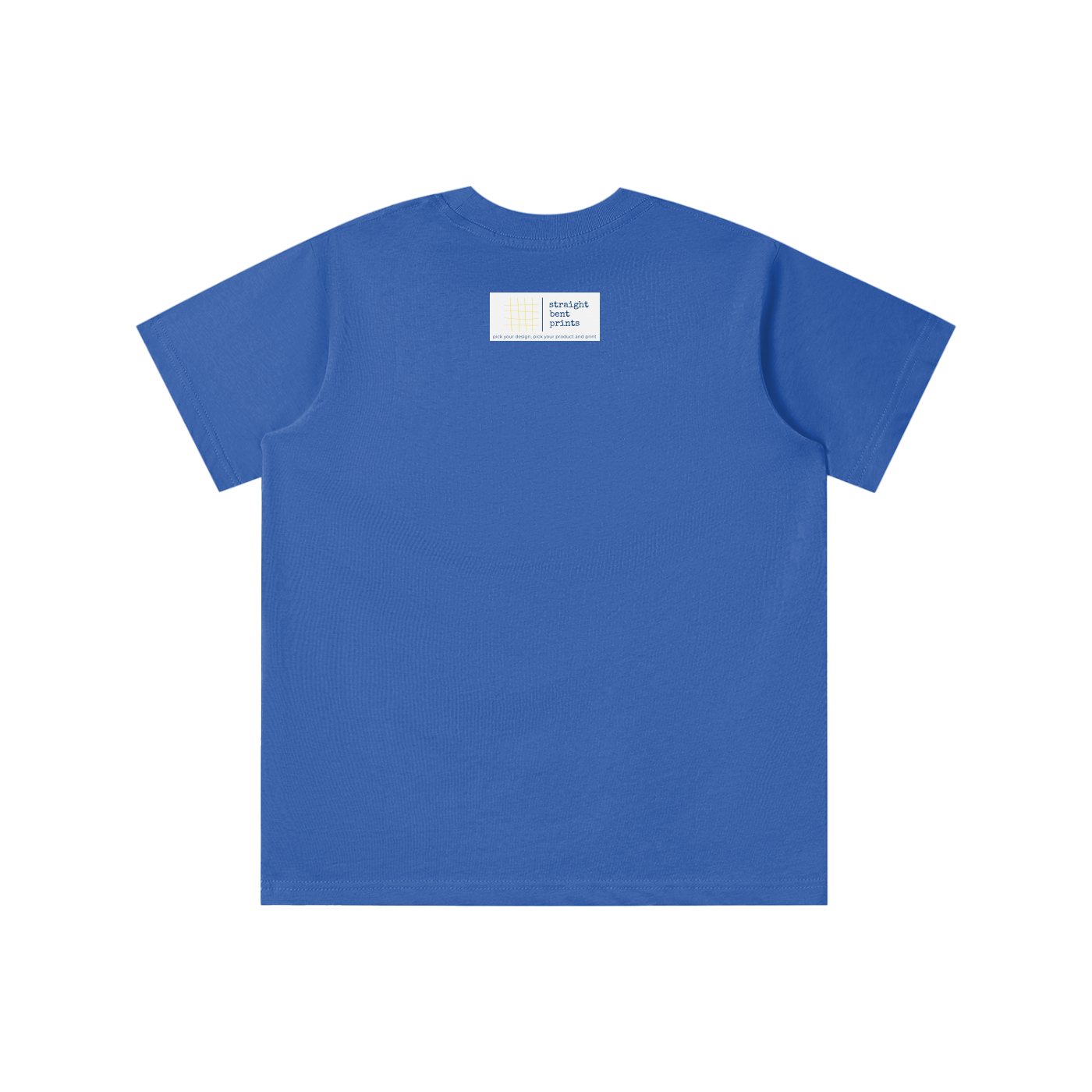 Blue t-shirt with a small white label on the back against a white background