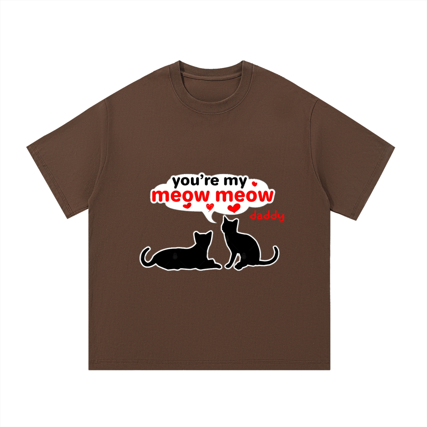 Brown t-shirt with cat graphic and text on a white background