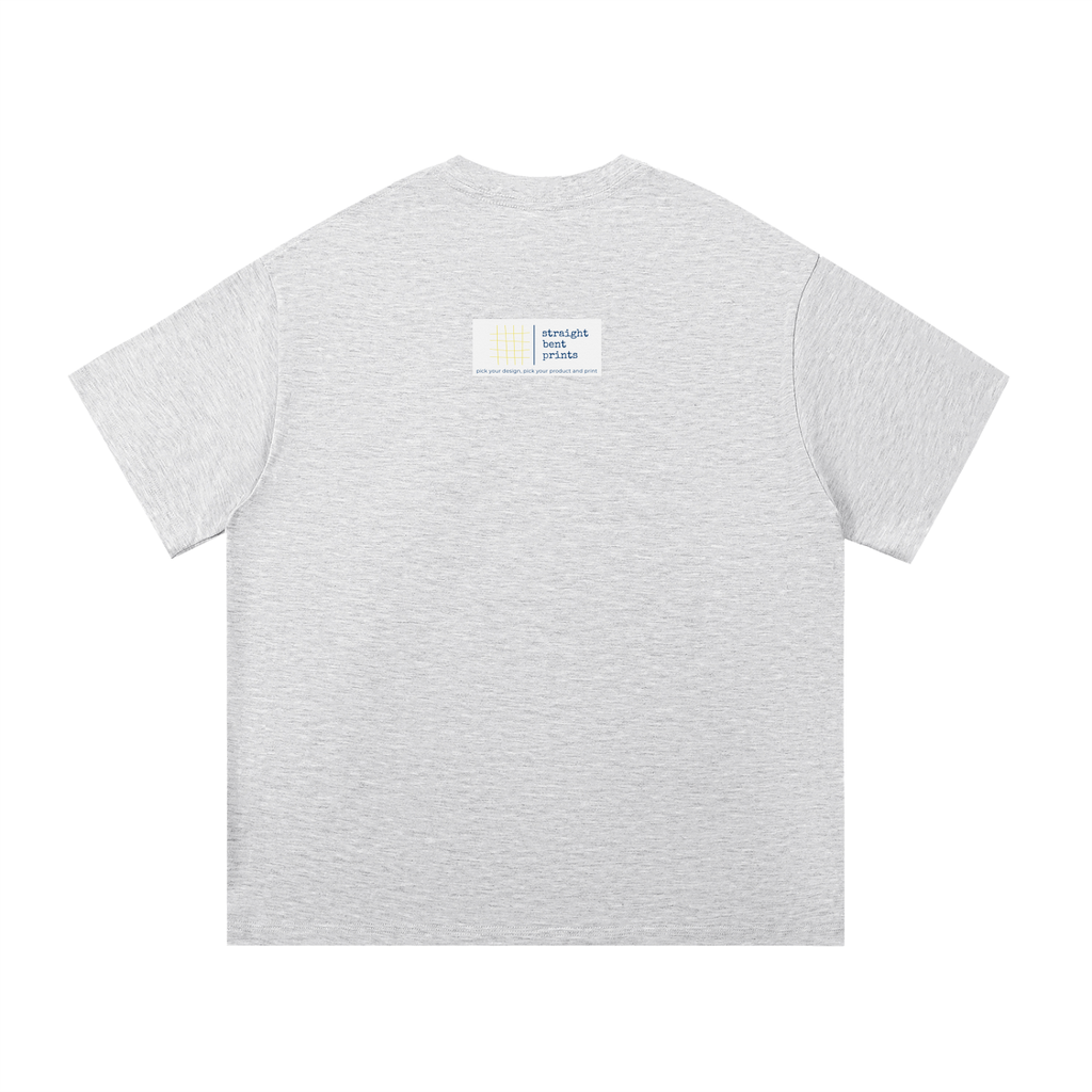 Gray t-shirt with a small label on the back against a white background