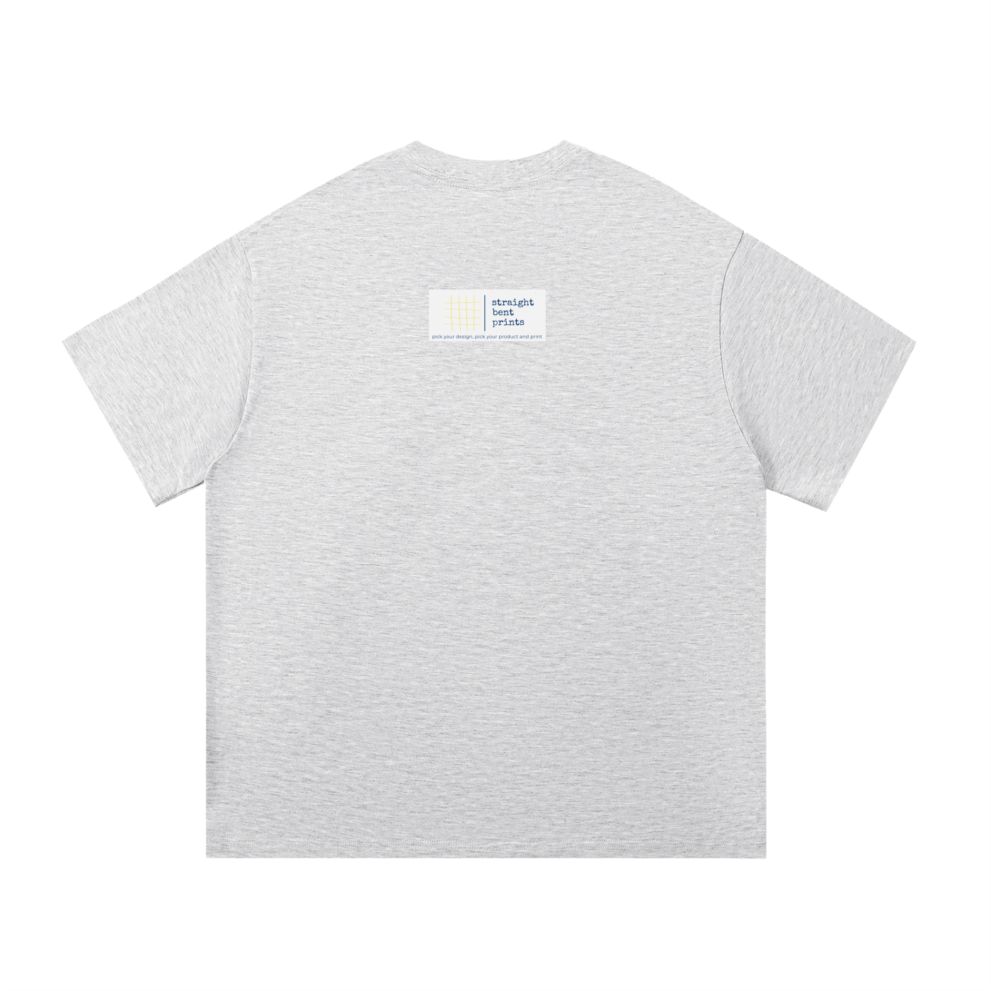 Gray t-shirt with a small label on the back against a white background