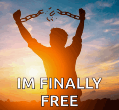 Person breaking chains against a sunset sky with 'IM FINALLY FREE' text.