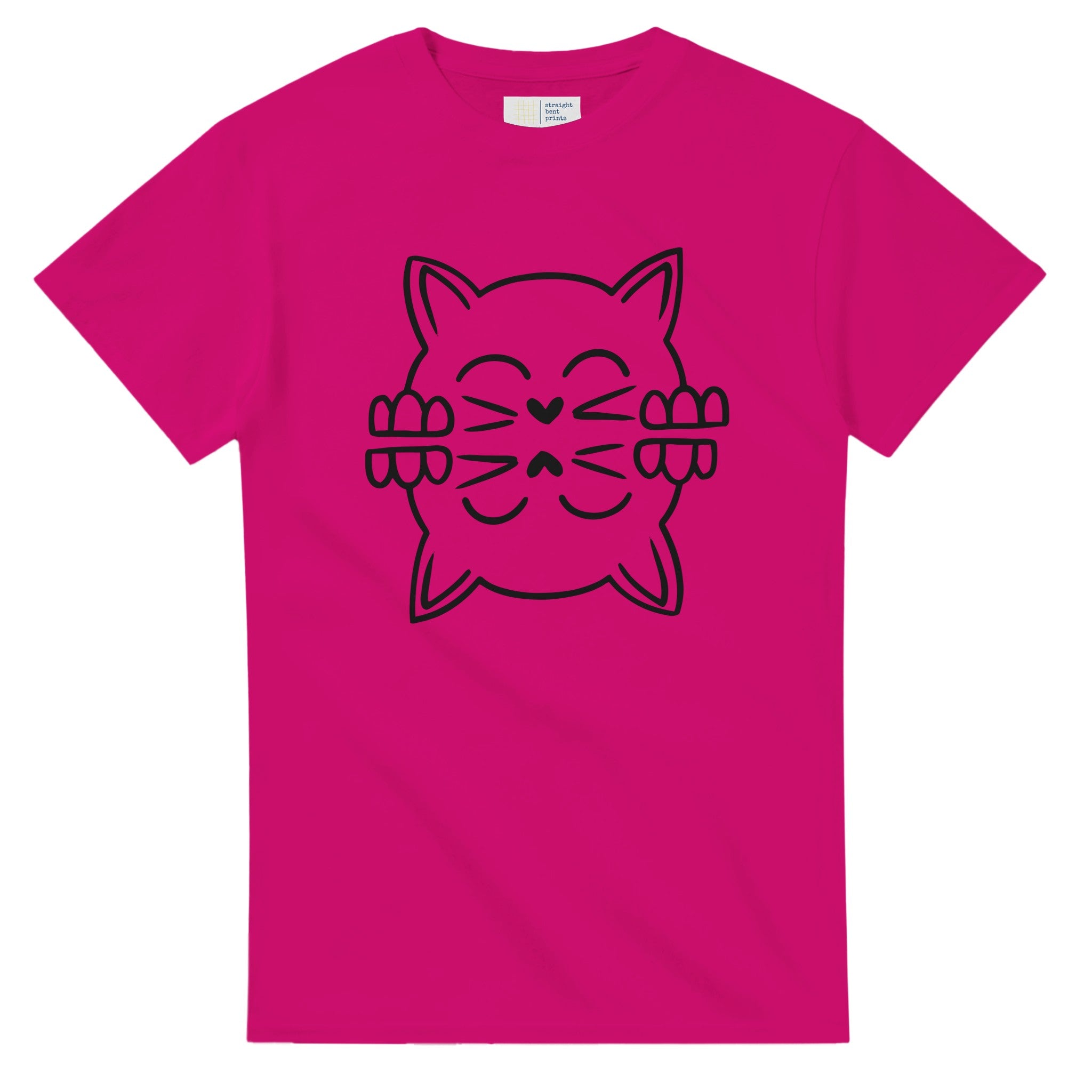 Pink t-shirt with a black cat graphic on a white background