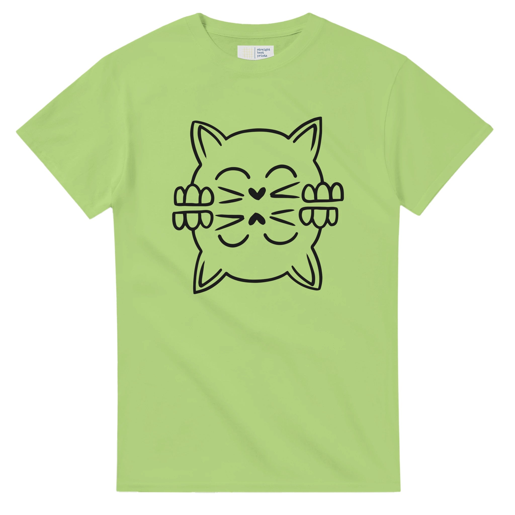 Light green t-shirt with a black cat graphic on a white background