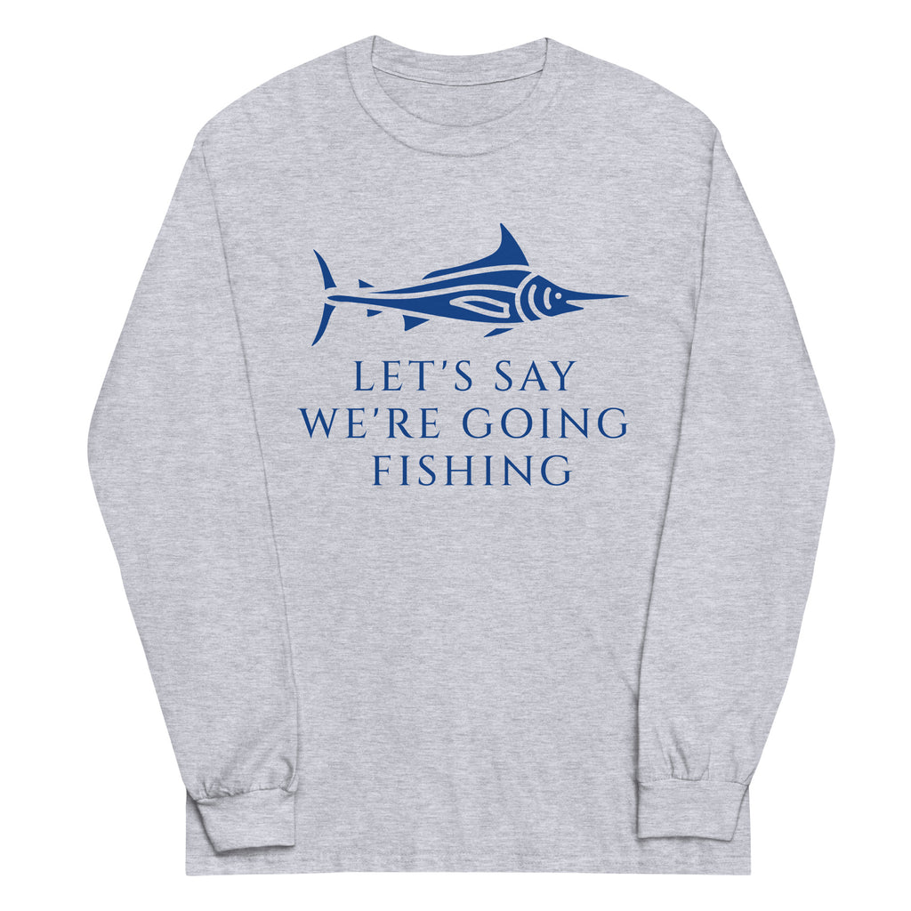 grey shirt with blue fish and quote