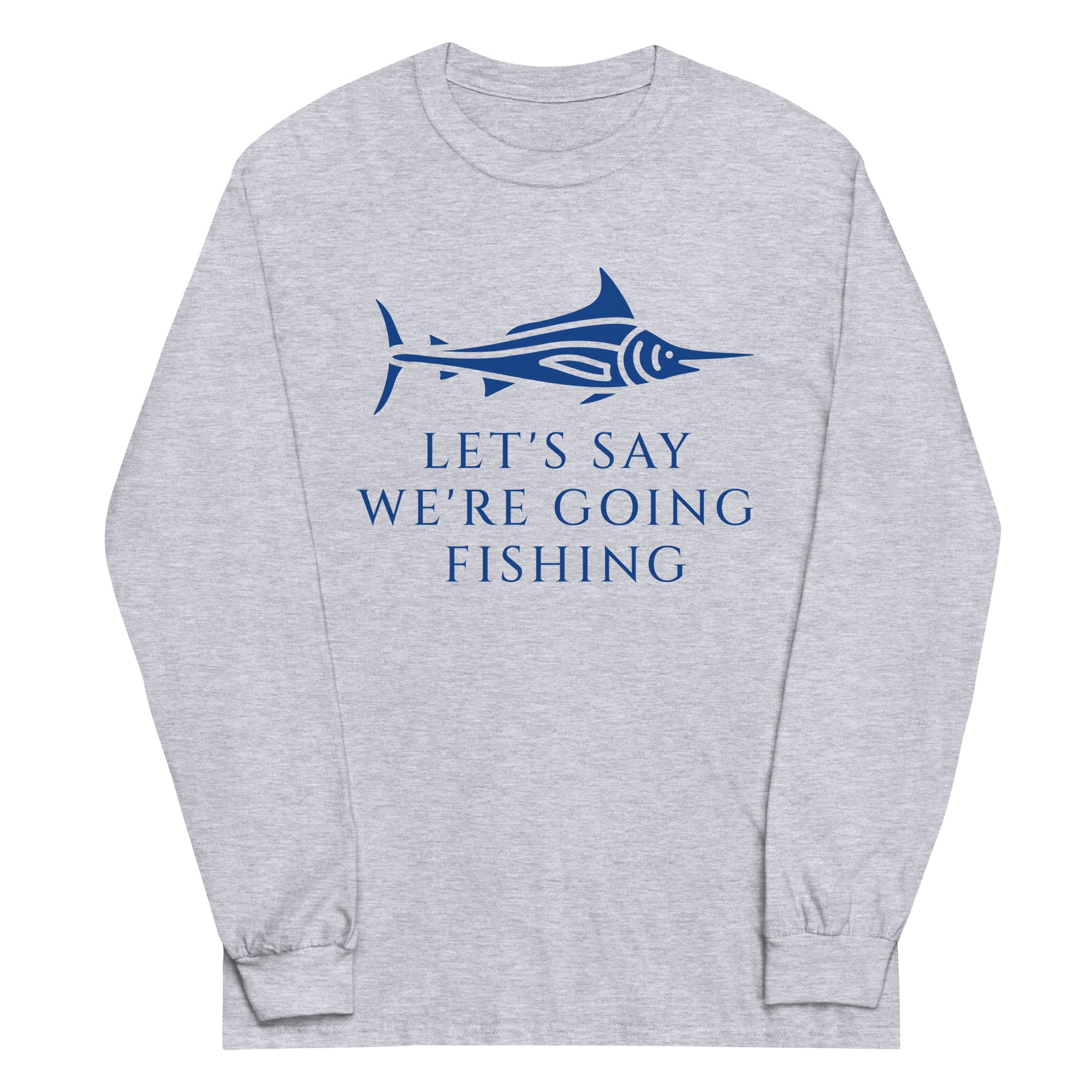 grey shirt with blue fish and quote