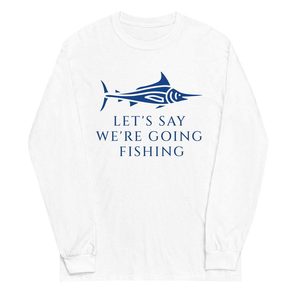 white shirt with blue fish and quote printed